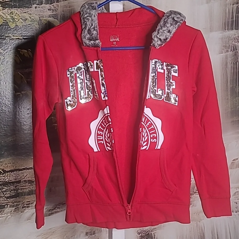 Justice Active Girls 12 sequin bling Full Zip Up faux fur red hoodie